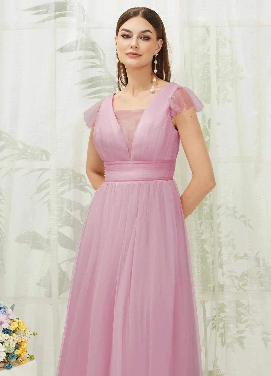 Mauve Tulle Cap Sleeves Floor Length Flowy Bridesmaid Dresses