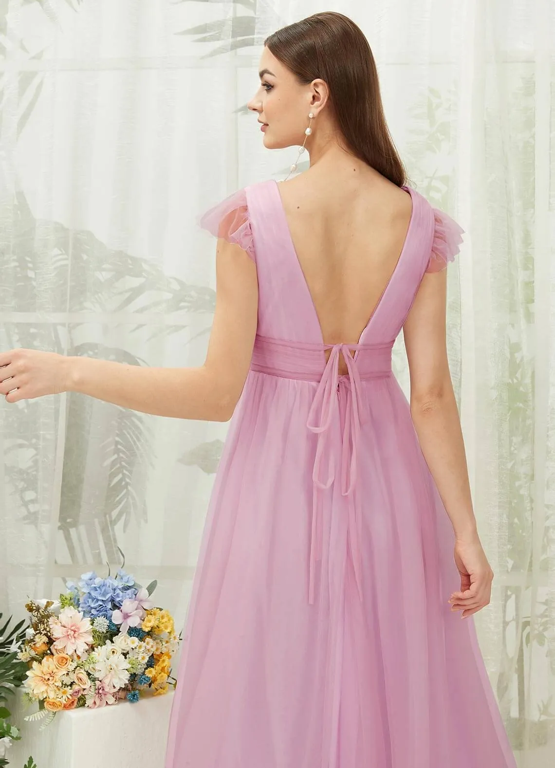 Mauve Tulle Cap Sleeves Floor Length Flowy Bridesmaid Dresses