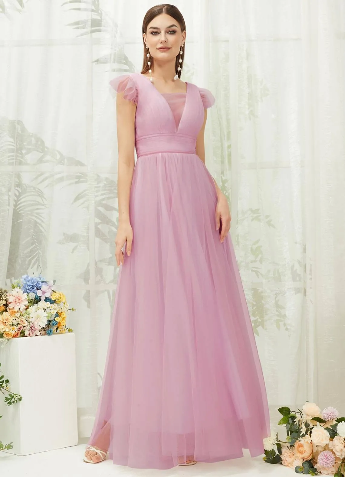 Mauve Tulle Cap Sleeves Floor Length Flowy Bridesmaid Dresses