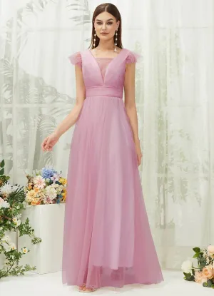 Mauve Tulle Cap Sleeves Floor Length Flowy Bridesmaid Dresses