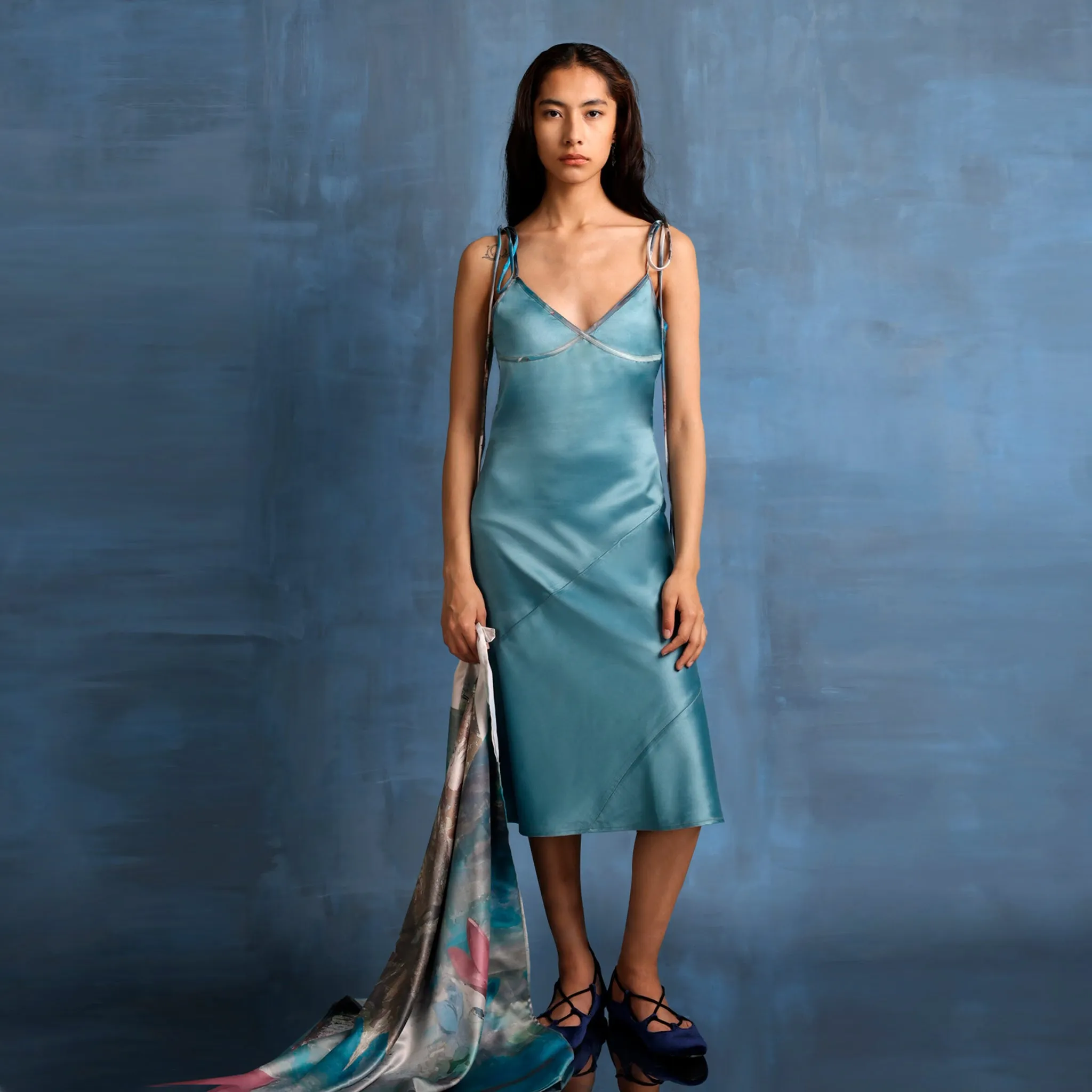 Midi Satin Dress With Noodle Straps (Marine)