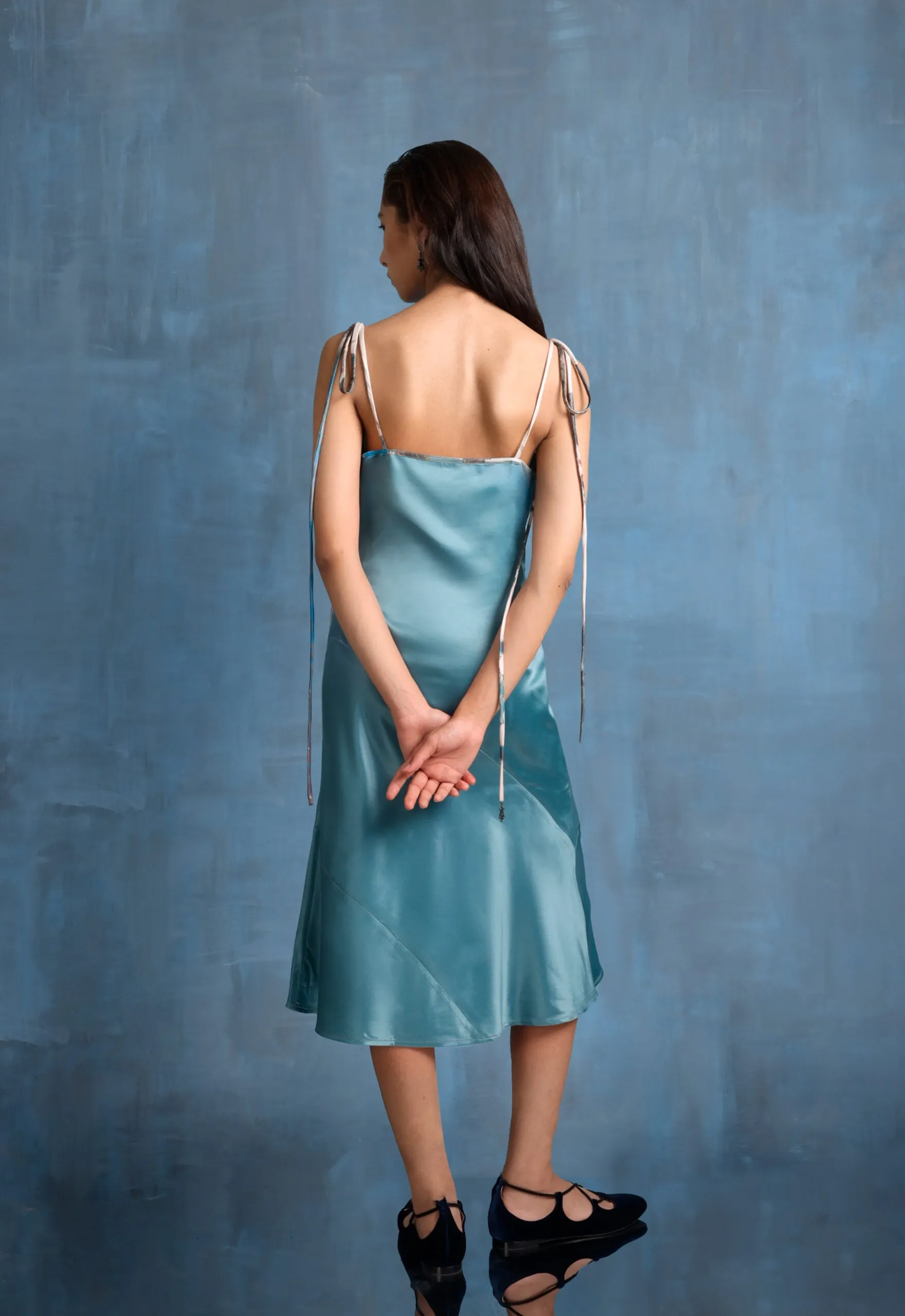 Midi Satin Dress With Noodle Straps (Marine)