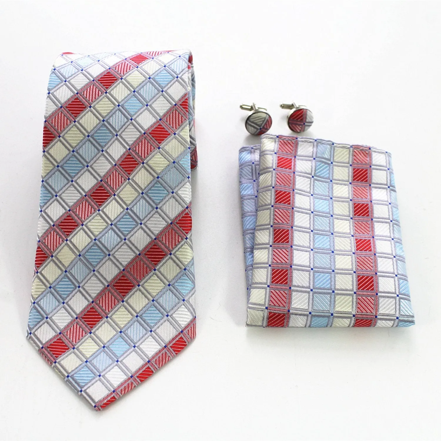 Multi Color Designer Silk Floral Necktie with Matching Cufflinks & Pocket Square Set for Men