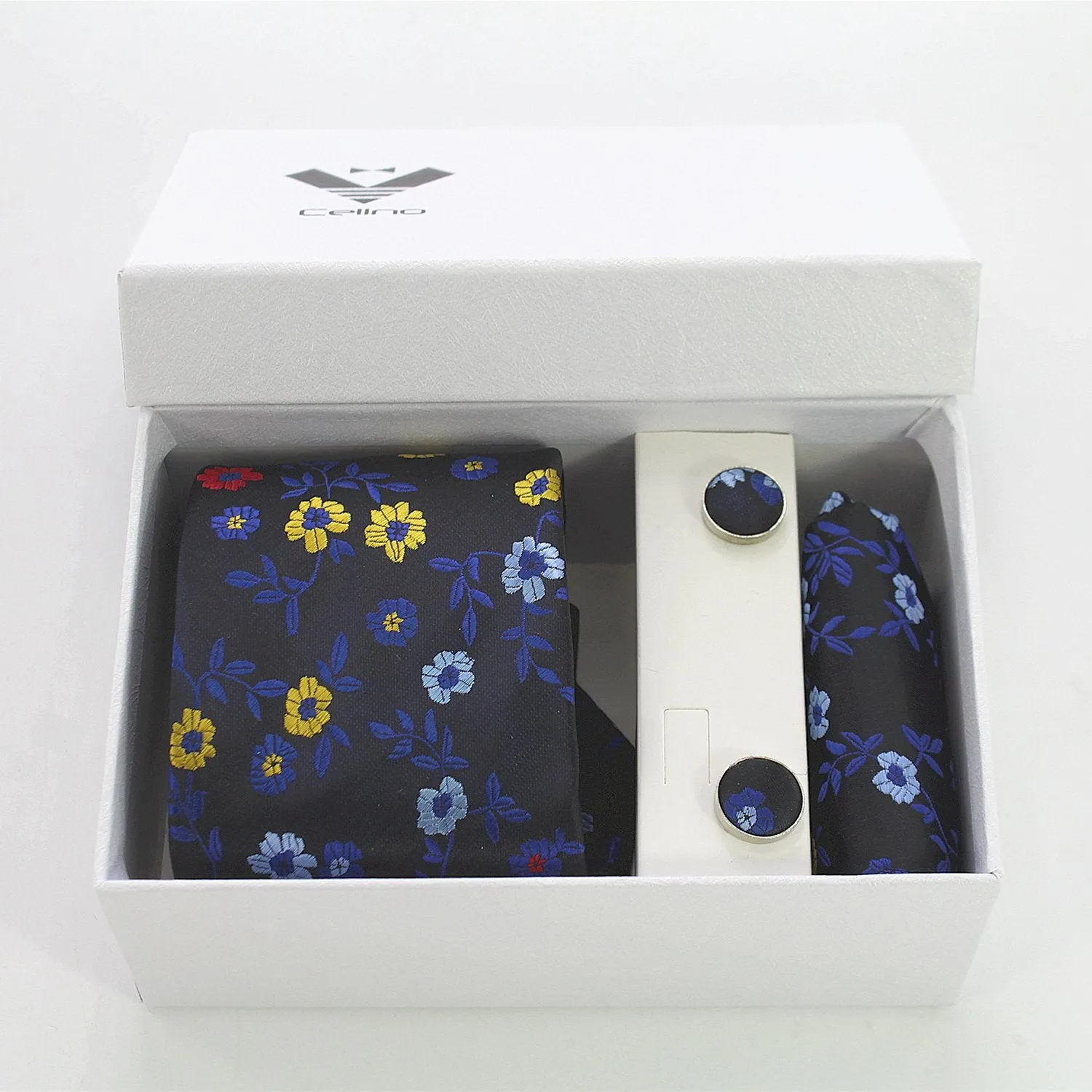 Multi Color Floral Designer Silk Floral Necktie with Matching Cufflinks & Pocket Square Set for Men