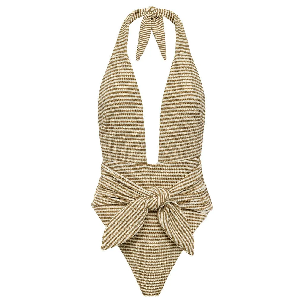 Neutral Stripe Tropez Tie-Up One-Piece