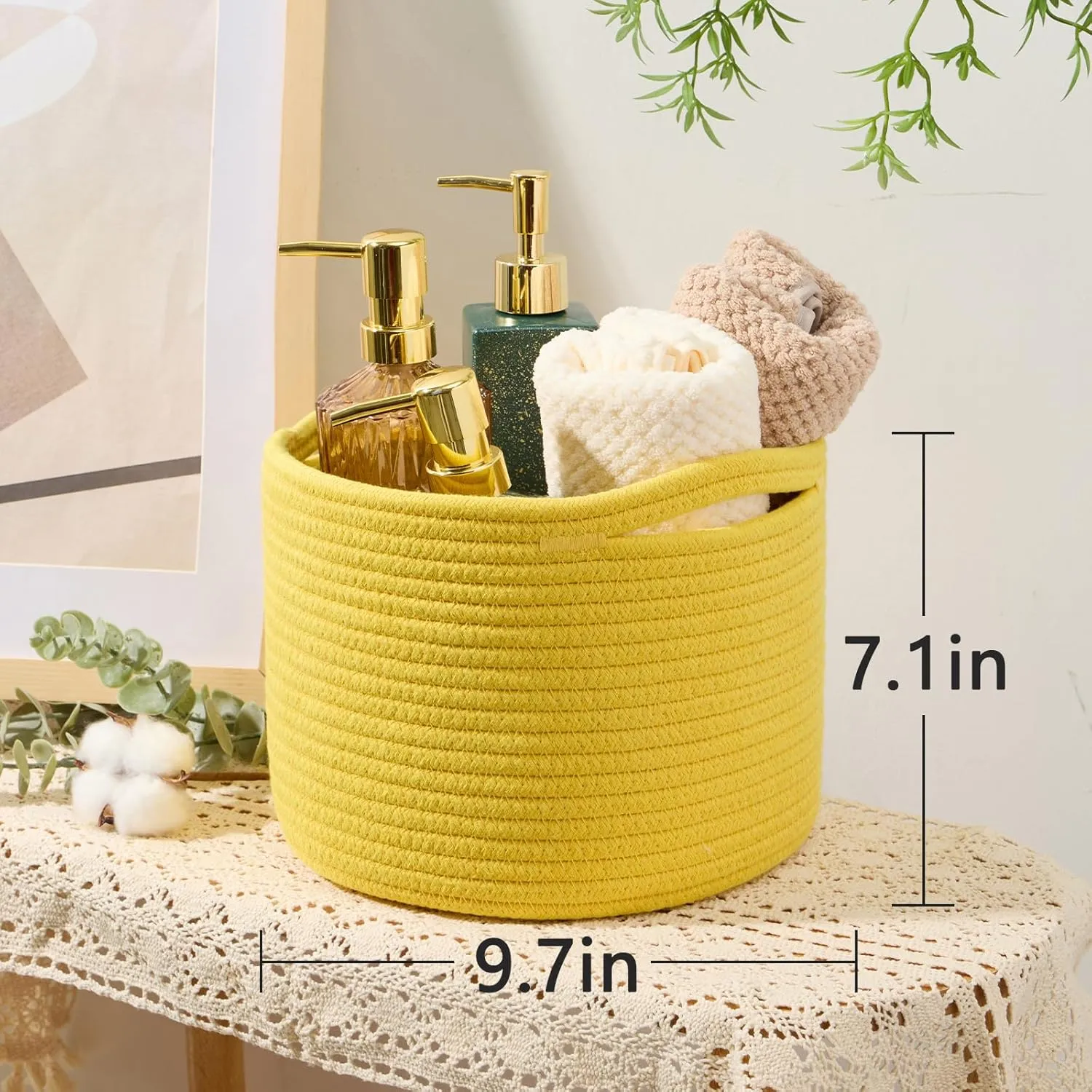 NEW Small Storage Basket for Organizing | Cube Shelf Closet Storage Baskets | 9.7×9.7×7.1” Cute Baby Basket for Nursery | Woven Rope Basket Bins | Gift Basket Easter | 1 Yellow Basket