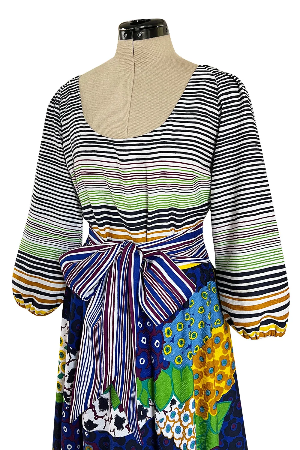 Numbered 1970s Lanvin by Jules-Francois Crahay Stripe & Flower Balloon Sleeve Dress