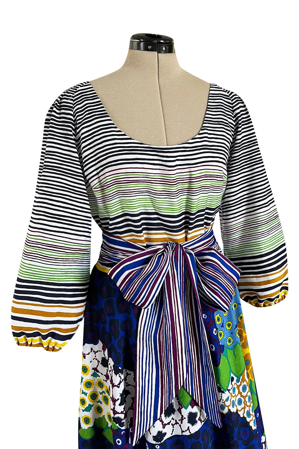 Numbered 1970s Lanvin by Jules-Francois Crahay Stripe & Flower Balloon Sleeve Dress