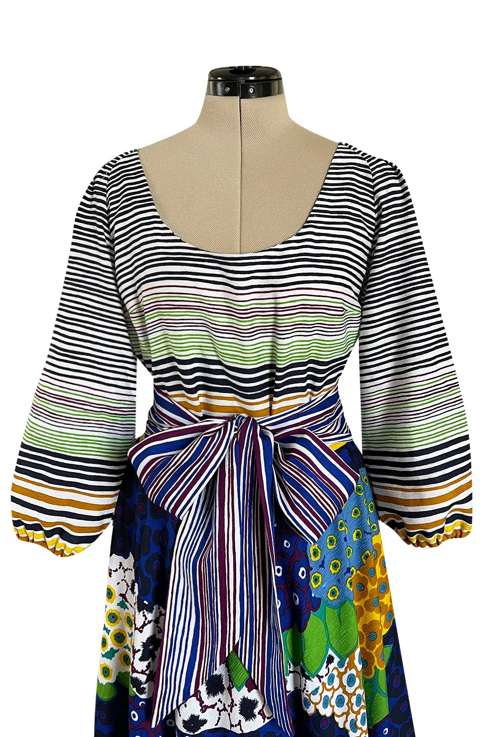 Numbered 1970s Lanvin by Jules-Francois Crahay Stripe & Flower Balloon Sleeve Dress