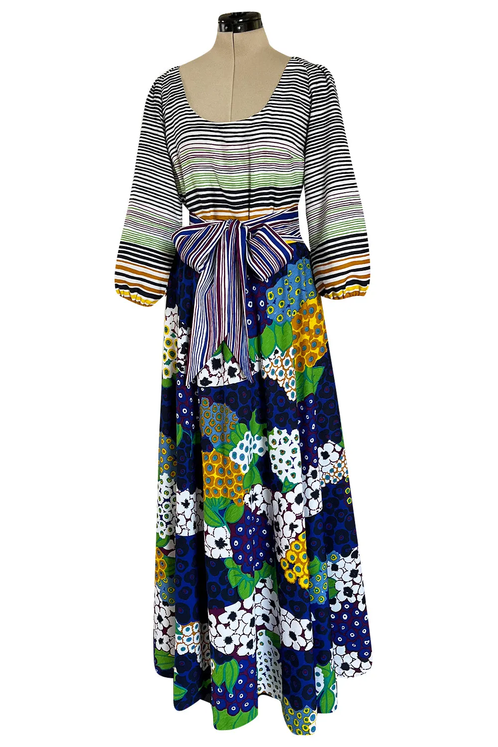 Numbered 1970s Lanvin by Jules-Francois Crahay Stripe & Flower Balloon Sleeve Dress