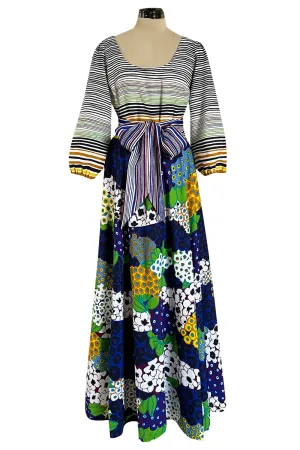 Numbered 1970s Lanvin by Jules-Francois Crahay Stripe & Flower Balloon Sleeve Dress