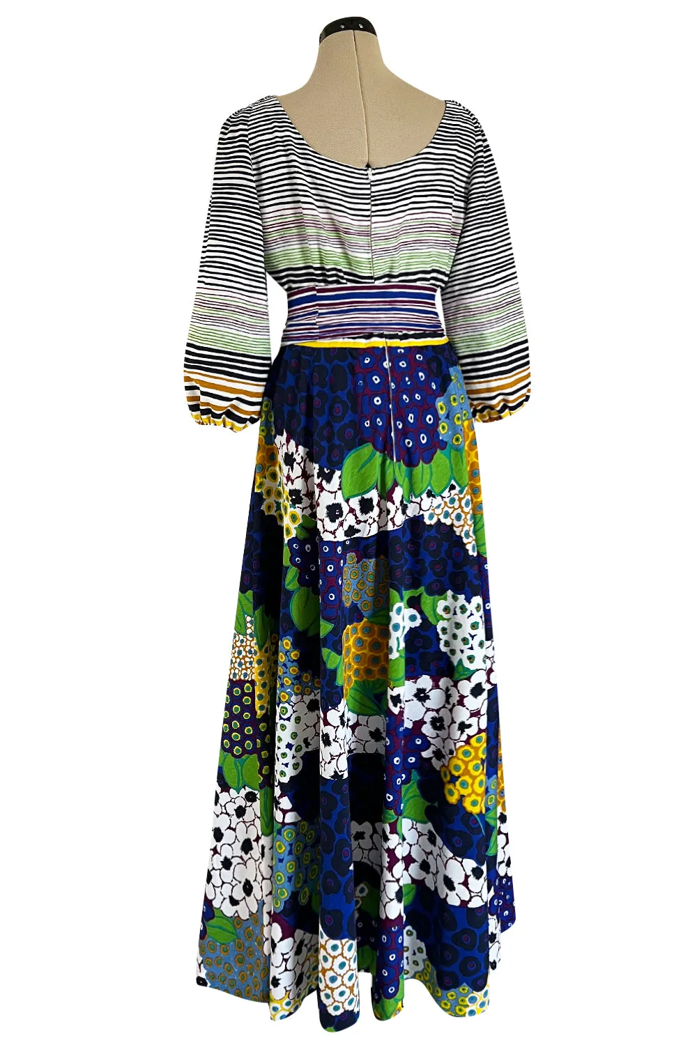 Numbered 1970s Lanvin by Jules-Francois Crahay Stripe & Flower Balloon Sleeve Dress