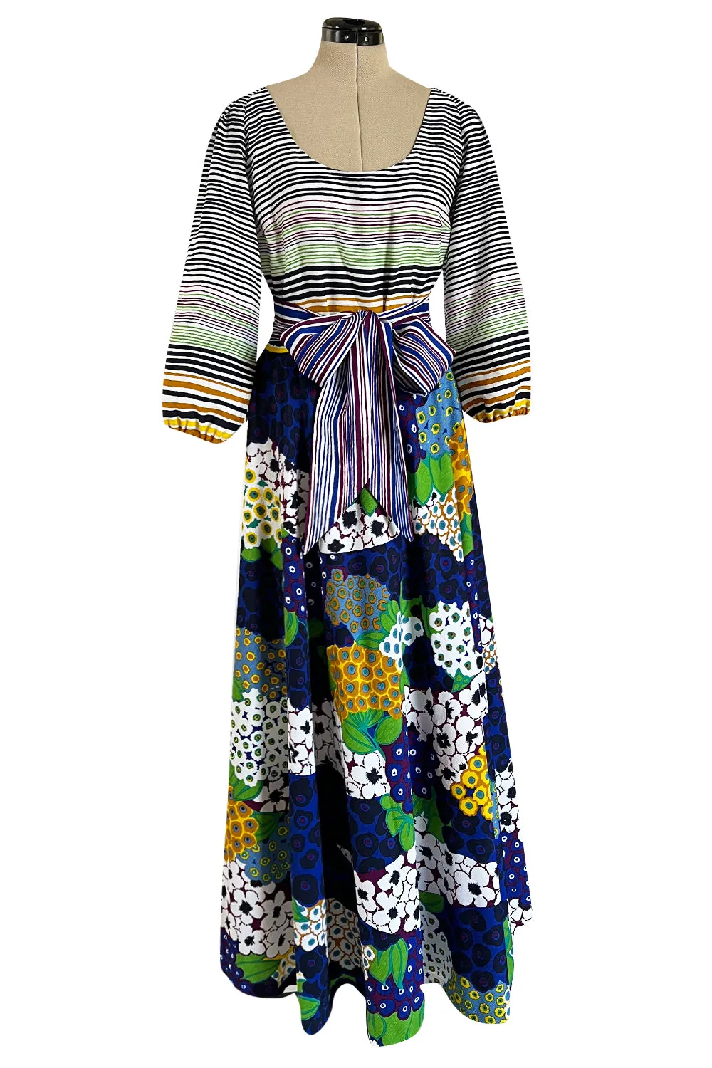 Numbered 1970s Lanvin by Jules-Francois Crahay Stripe & Flower Balloon Sleeve Dress