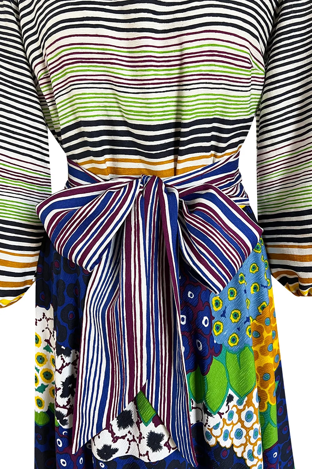 Numbered 1970s Lanvin by Jules-Francois Crahay Stripe & Flower Balloon Sleeve Dress