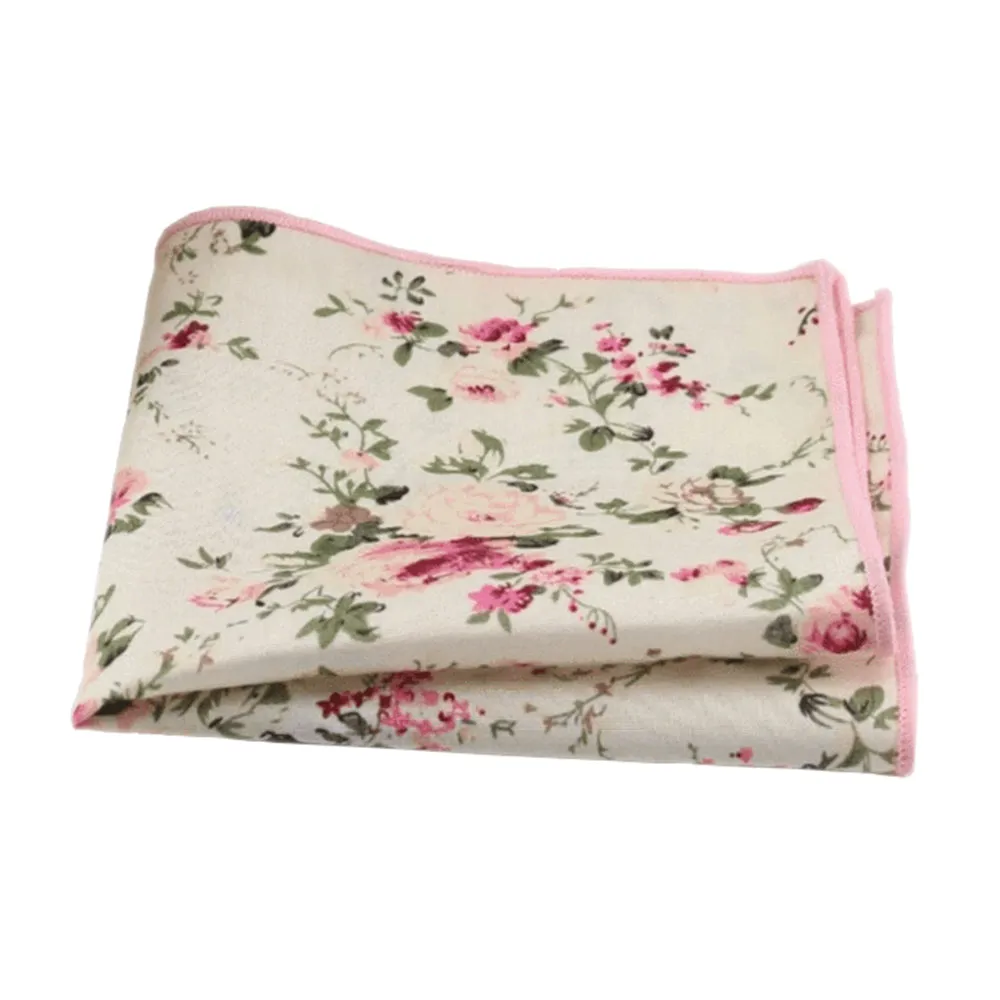 Olive Green Wool Tie and Cream Floral Cotton Pocket Square Set