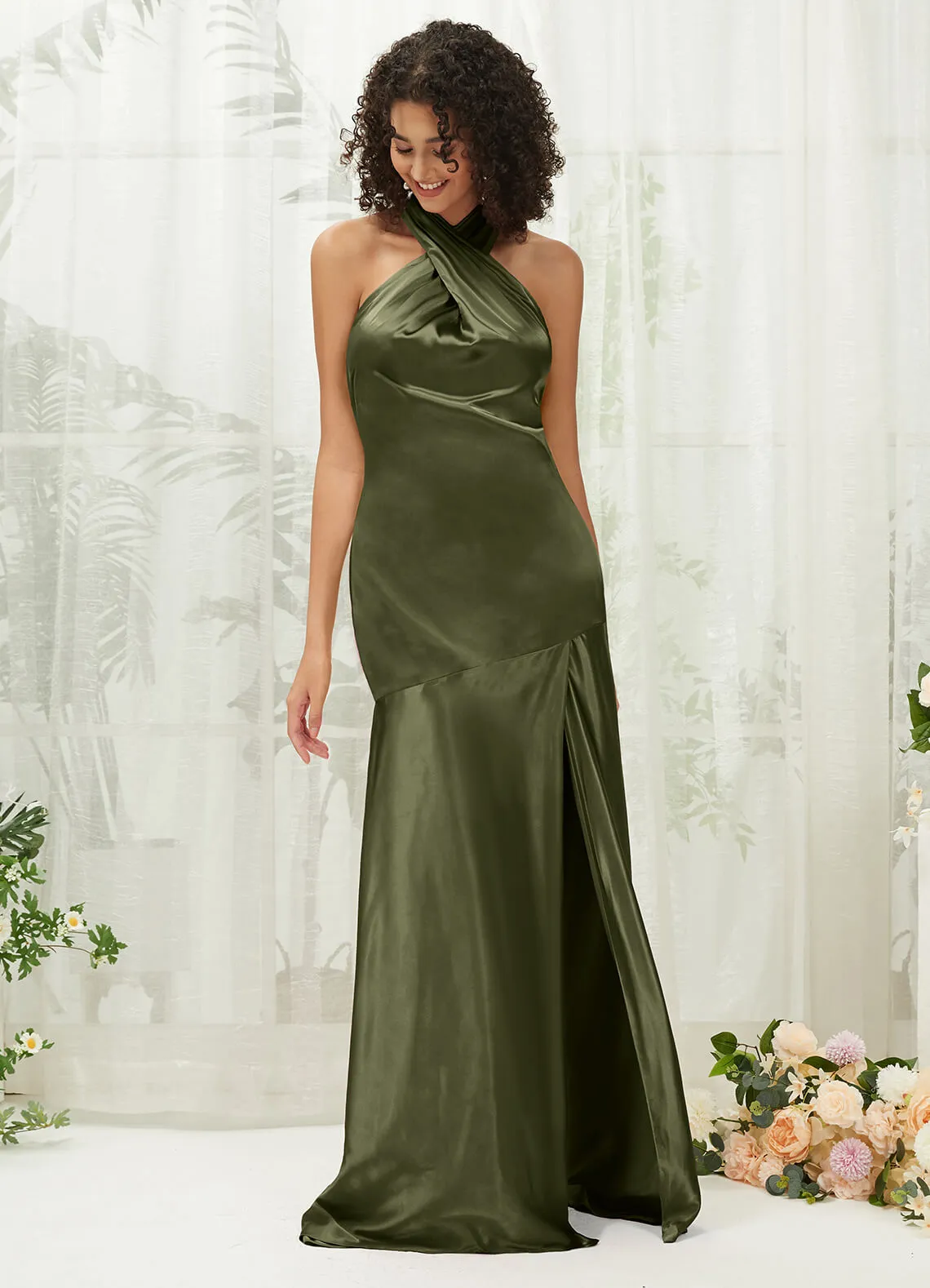 Olive Satin Halter Neck Sleeveless Maxi Bridesmaid Dress With Slit