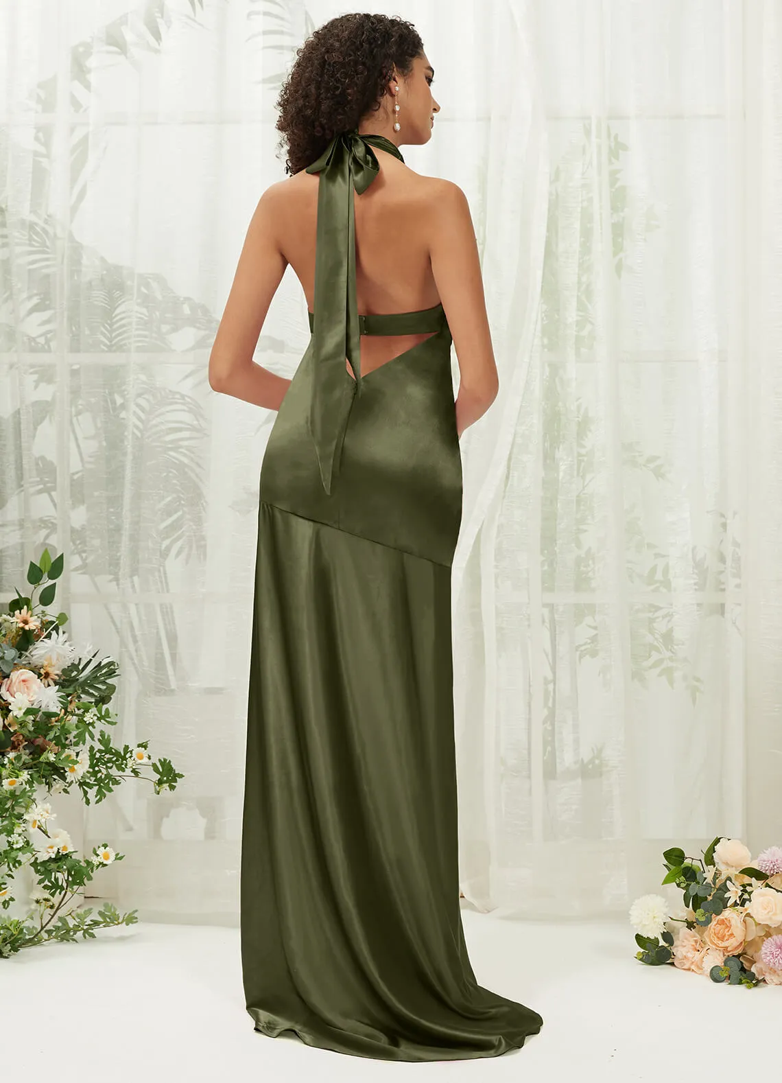 Olive Satin Halter Neck Sleeveless Maxi Bridesmaid Dress With Slit