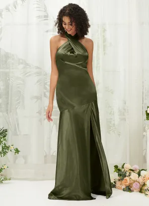Olive Satin Halter Neck Sleeveless Maxi Bridesmaid Dress With Slit