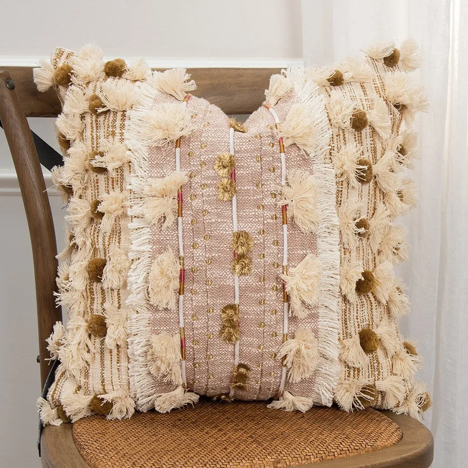 Peach Mauve Frayed Tassel Accents Throw Pillow