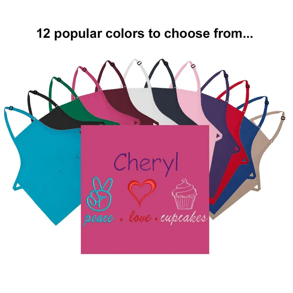 Personalized Apron Embroidered Peace Love Cupcakes Design Add a Name