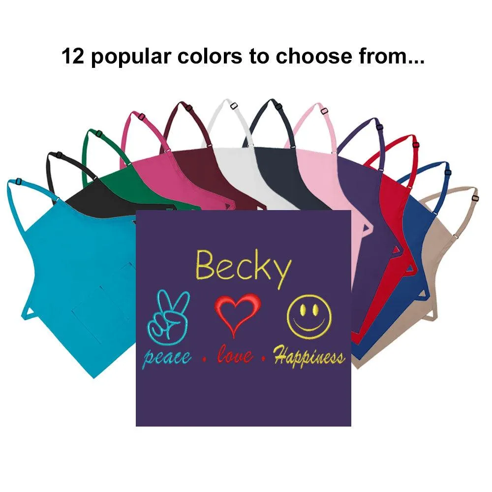Personalized Apron Embroidered Peace Love Happiness Design Add a Name