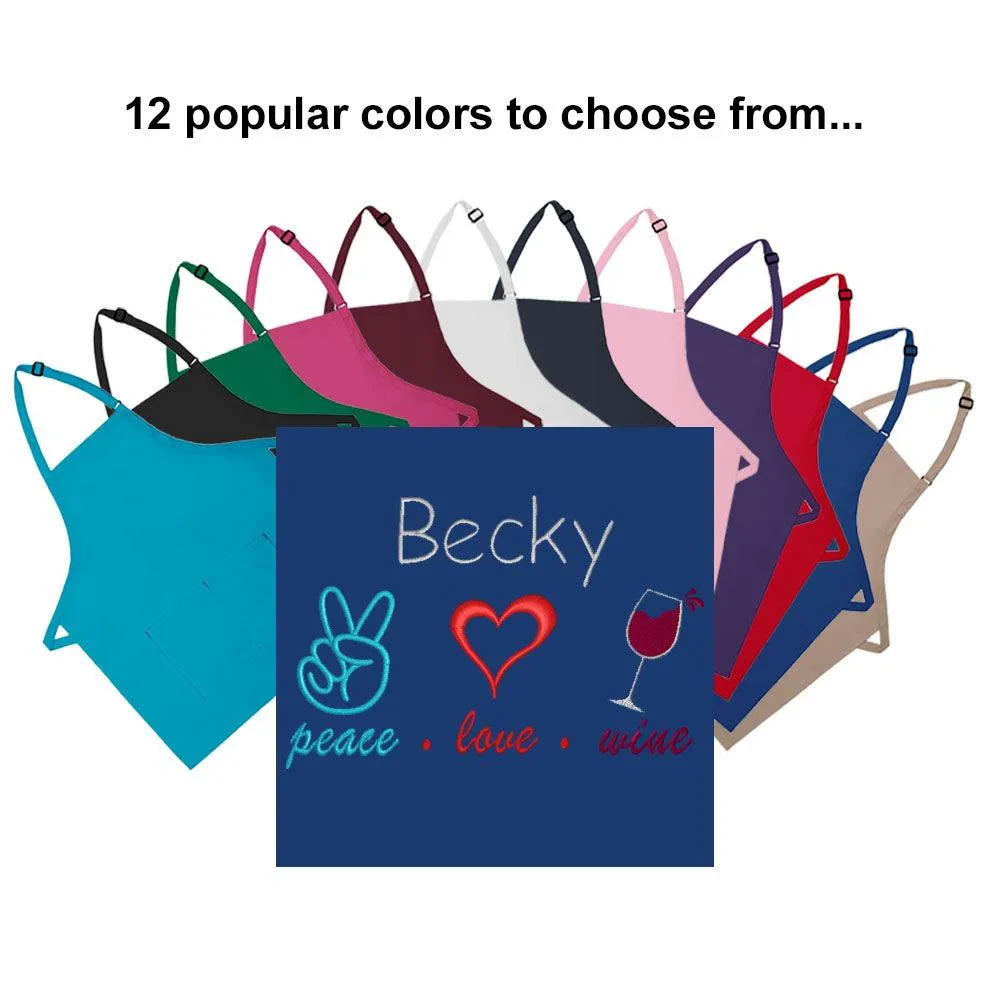 Personalized Apron Embroidered Peace Love Wine Design Add a Name
