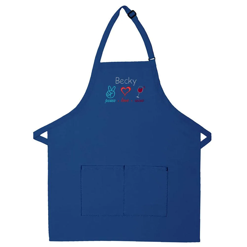 Personalized Apron Embroidered Peace Love Wine Design Add a Name