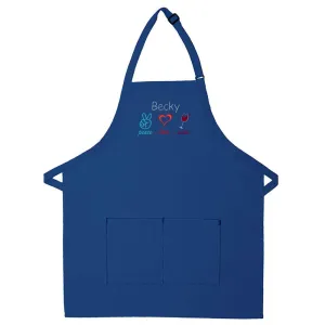 Personalized Apron Embroidered Peace Love Wine Design Add a Name