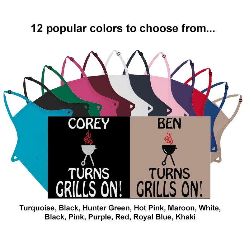 Personalized Apron Embroidered Turns Grills On Design Add a Name