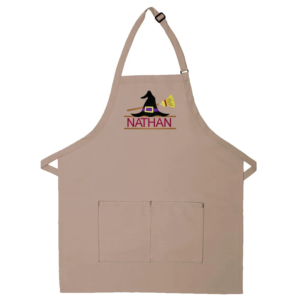 Personalized Apron Embroidered Witch Hat and Broom Design Add a Name