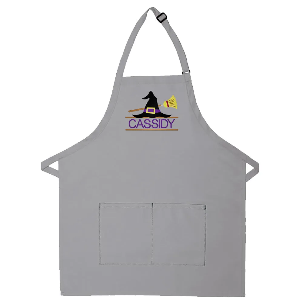 Personalized Apron Embroidered Witch Hat and Broom Design Add a Name