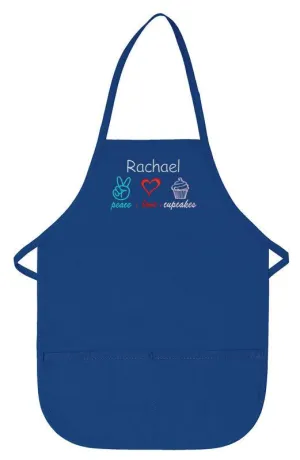 Personalized Child Apron Embroidered Peace Love Cupcake Design Add a Name