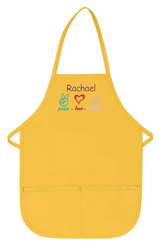 Personalized Child Apron Embroidered Peace Love Cupcake Design Add a Name