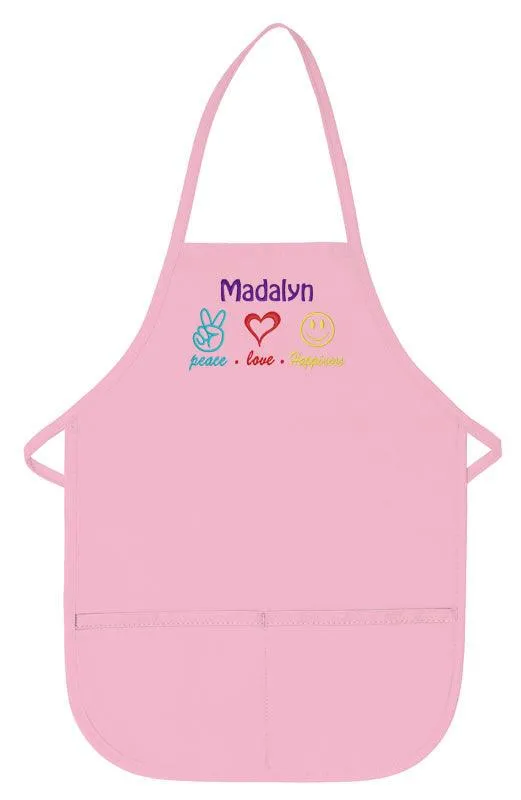 Personalized Child Apron Embroidered Peace Love Happiness Design Add a Name