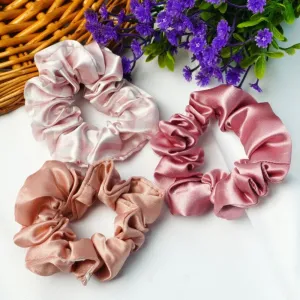 Pink & Beige Stiped Scrunchies Set of 3