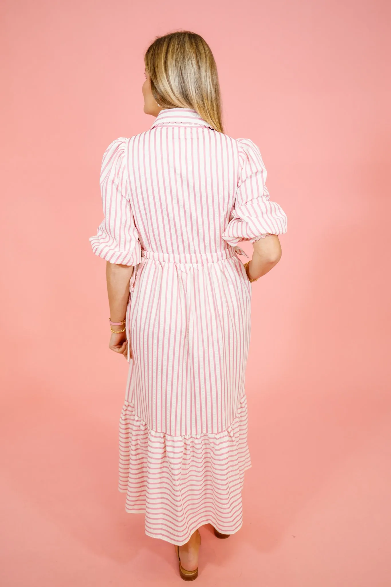 Pink Stripe Collar Midi Dress