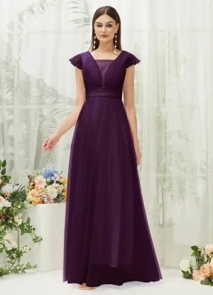 Plum Tulle Cap Sleeves Floor Length Flowy Bridesmaid Dresses