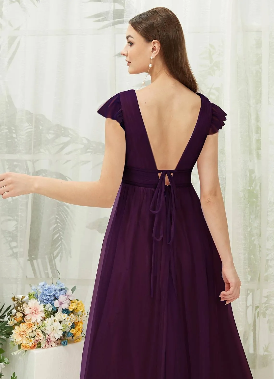 Plum Tulle Cap Sleeves Floor Length Flowy Bridesmaid Dresses