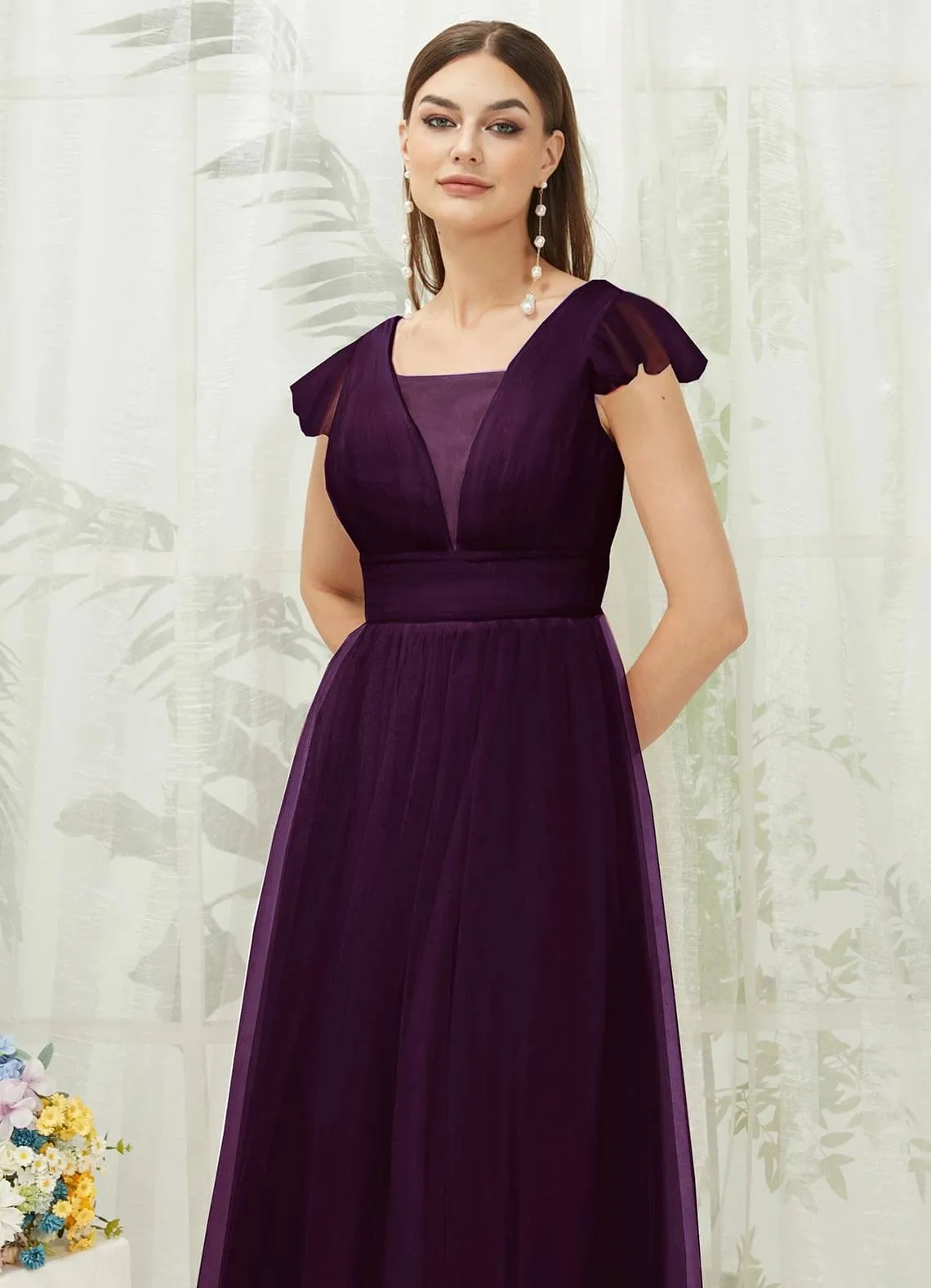 Plum Tulle Cap Sleeves Floor Length Flowy Bridesmaid Dresses