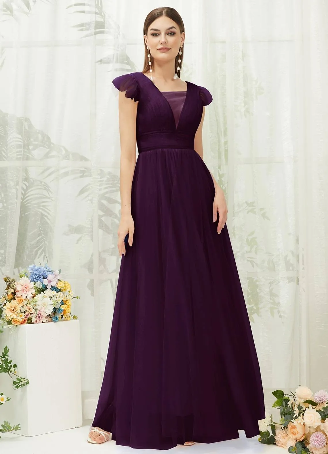 Plum Tulle Cap Sleeves Floor Length Flowy Bridesmaid Dresses