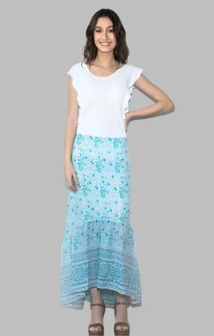 Poppy Printed Long Skirt  Aqua