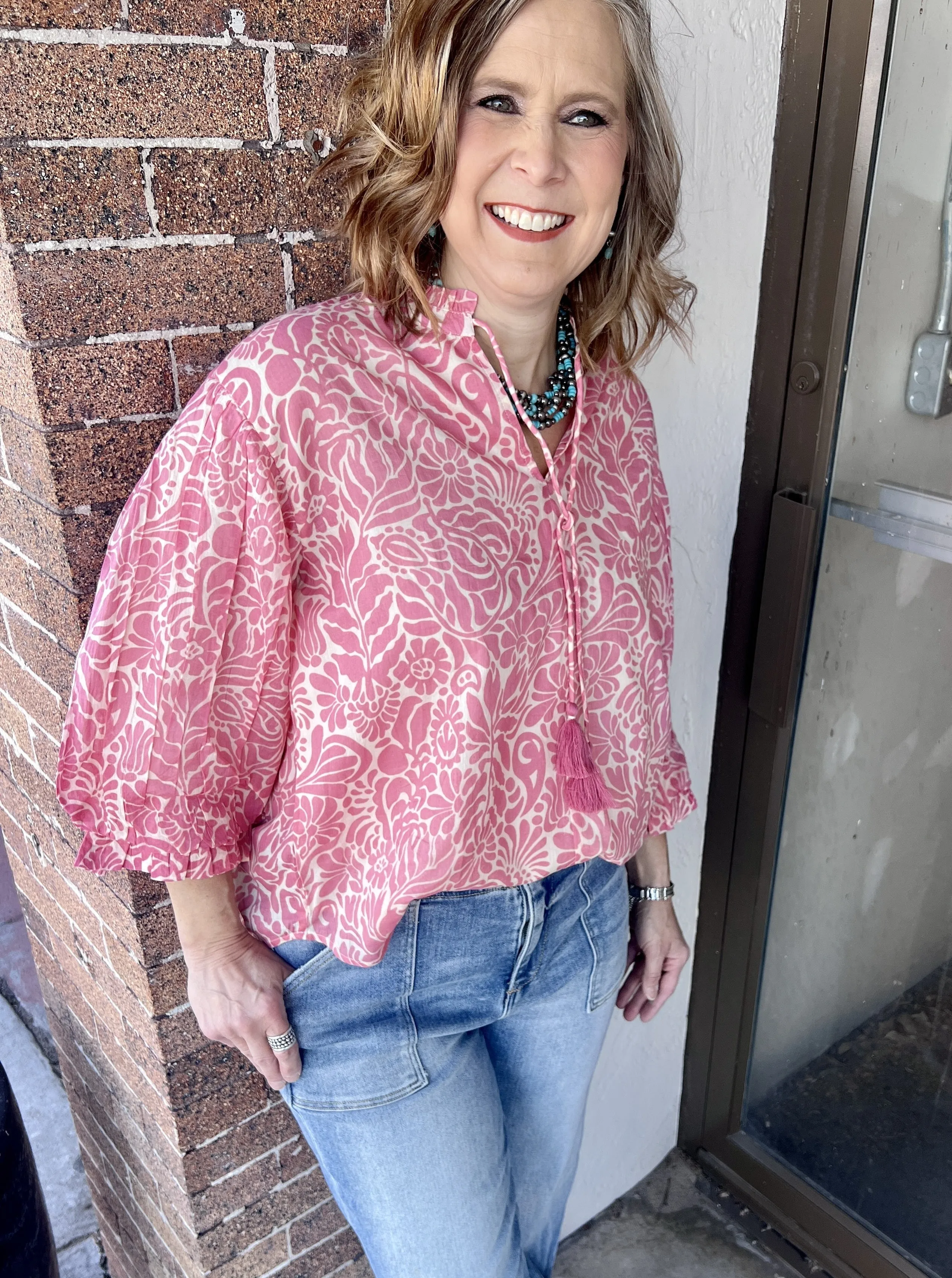 Printed 3 Qtr Balloon Elastic Slv Top w Ruffle Neck Detail w Tassel Ties