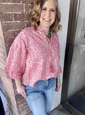 Printed 3 Qtr Balloon Elastic Slv Top w Ruffle Neck Detail w Tassel Ties