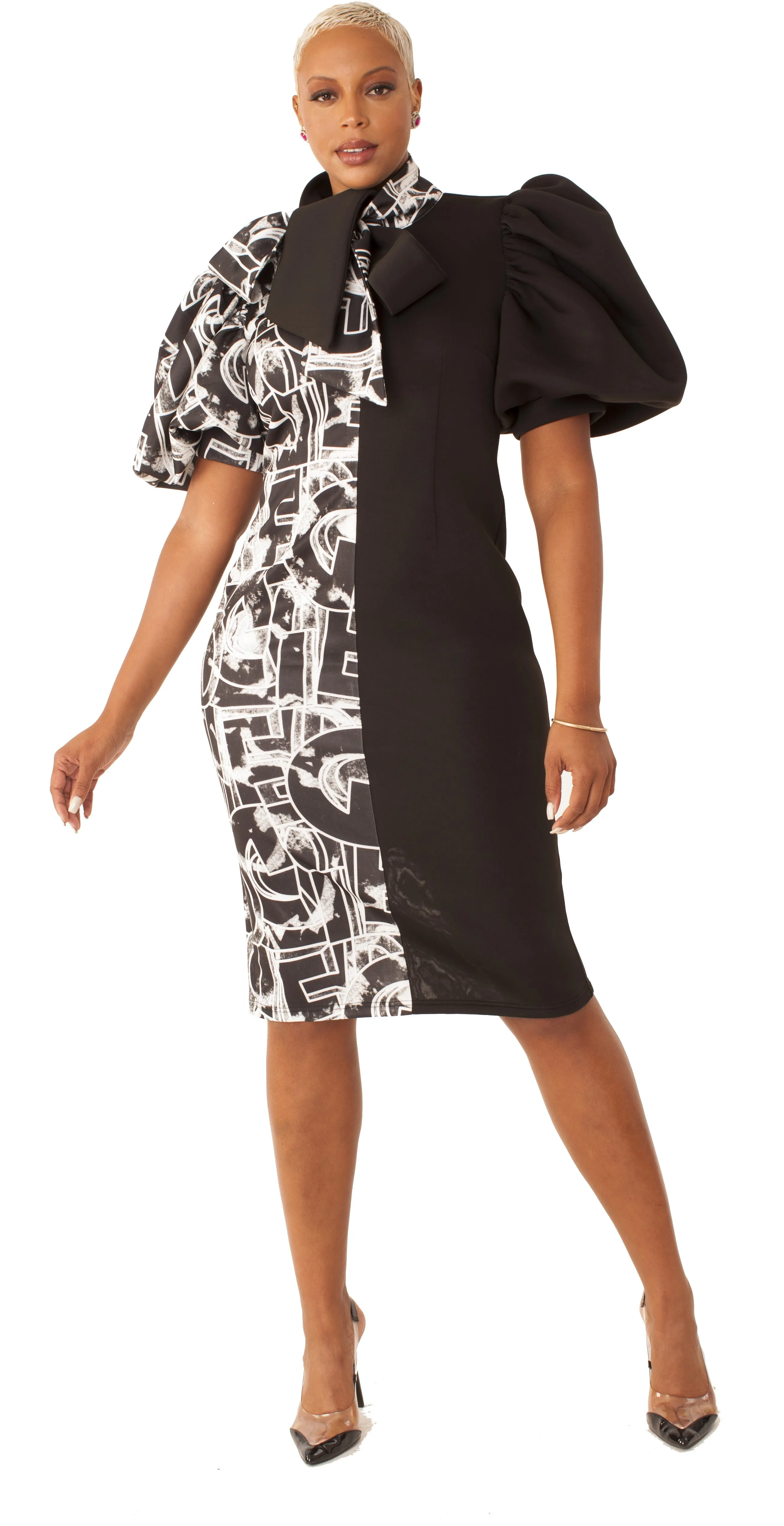 Printed and Solid Puff Sleeve Midi Dress with Bow Tie Collar- 81822