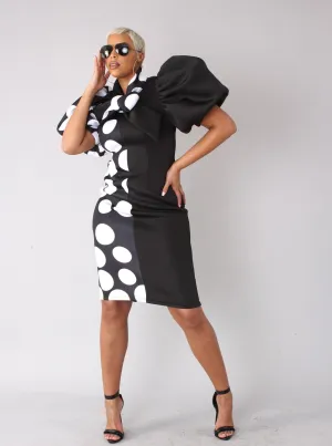 Printed and Solid Puff Sleeve Midi Dress with Bow Tie Collar- 81822