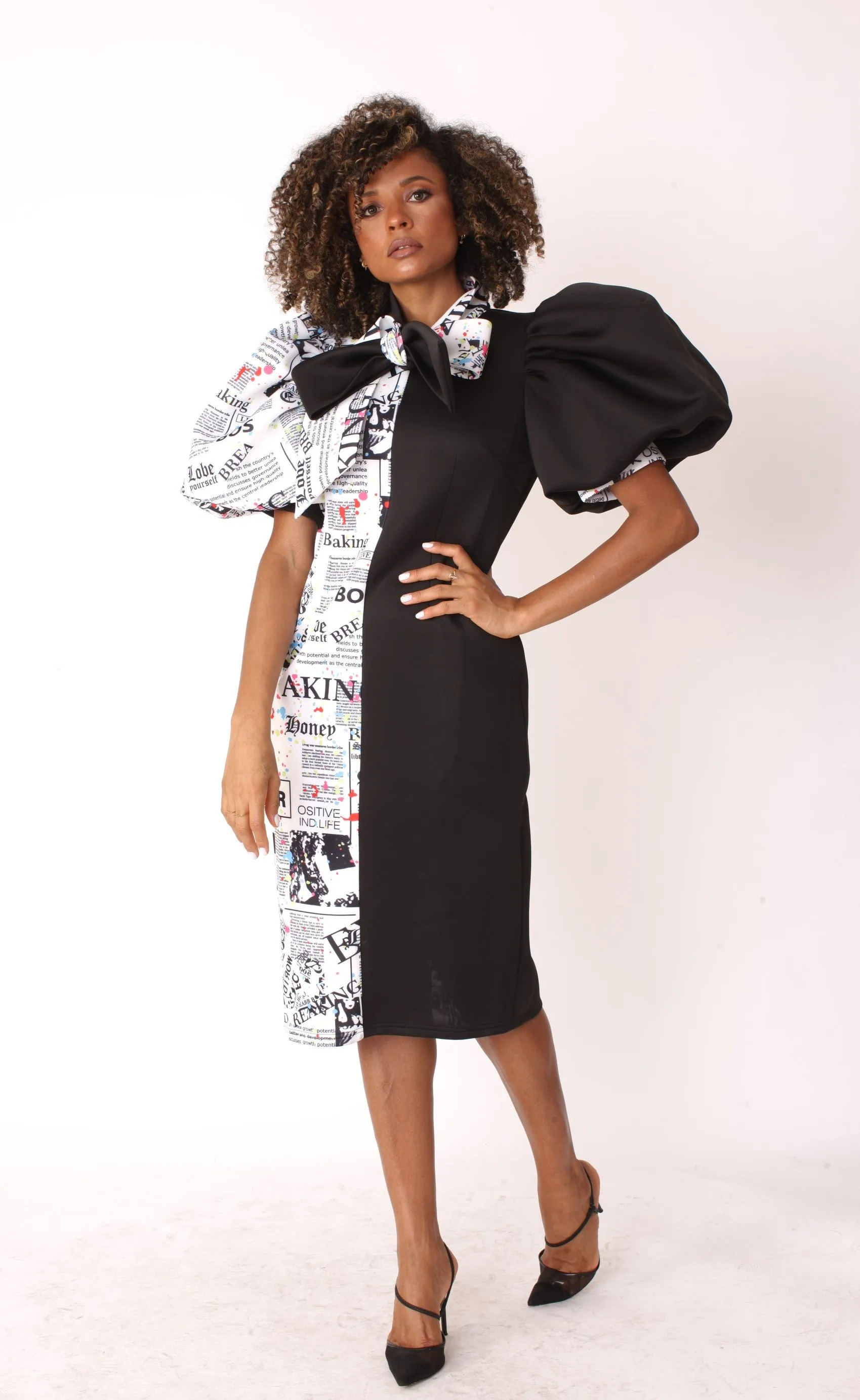 Printed and Solid Puff Sleeve Midi Dress with Bow Tie Collar- 81822