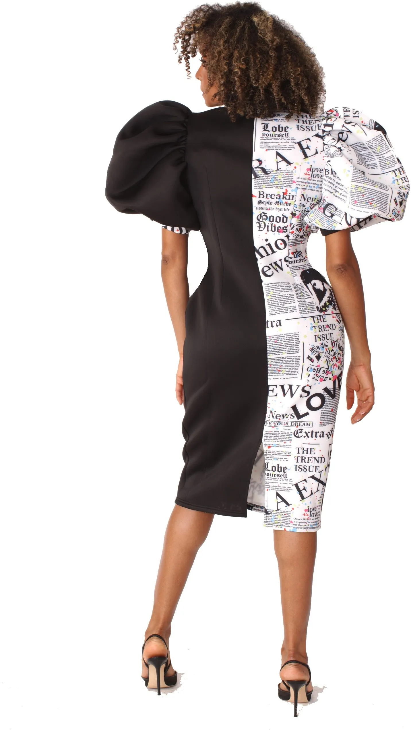 Printed and Solid Puff Sleeve Midi Dress with Bow Tie Collar- 81822