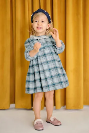 "Alexis" Dusky Blue Tartan Smocked Dress
