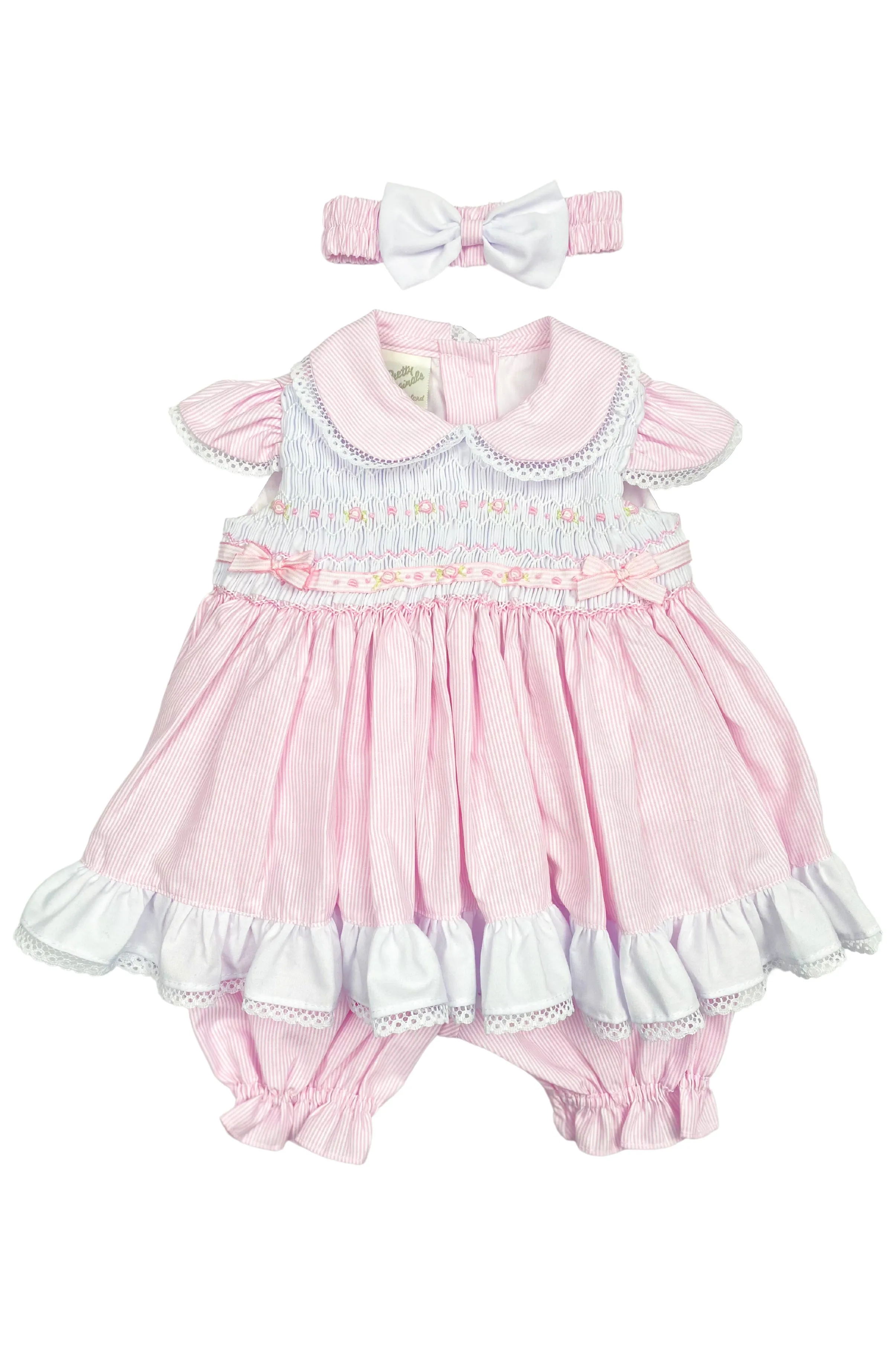 "Danica" Pink Striped Smocked Dress, Bloomers & Headband