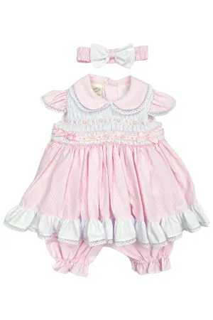 "Danica" Pink Striped Smocked Dress, Bloomers & Headband